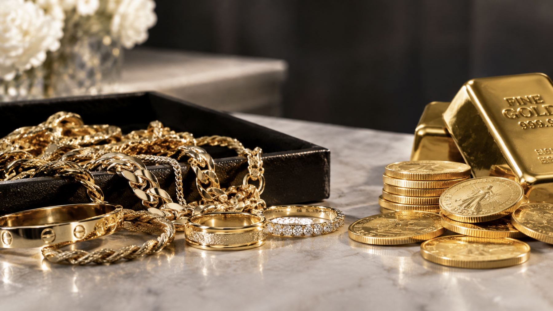 Gold chains, bracelets and rings beside gold bars and coins on marble